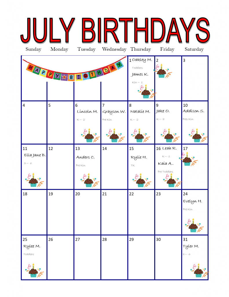 Birthday Calendar North Wall Schools